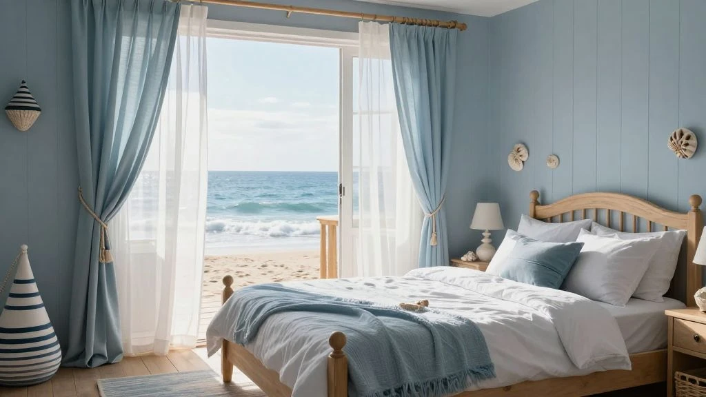 Coastal themed bedroom set with soft colors and nautical decor.