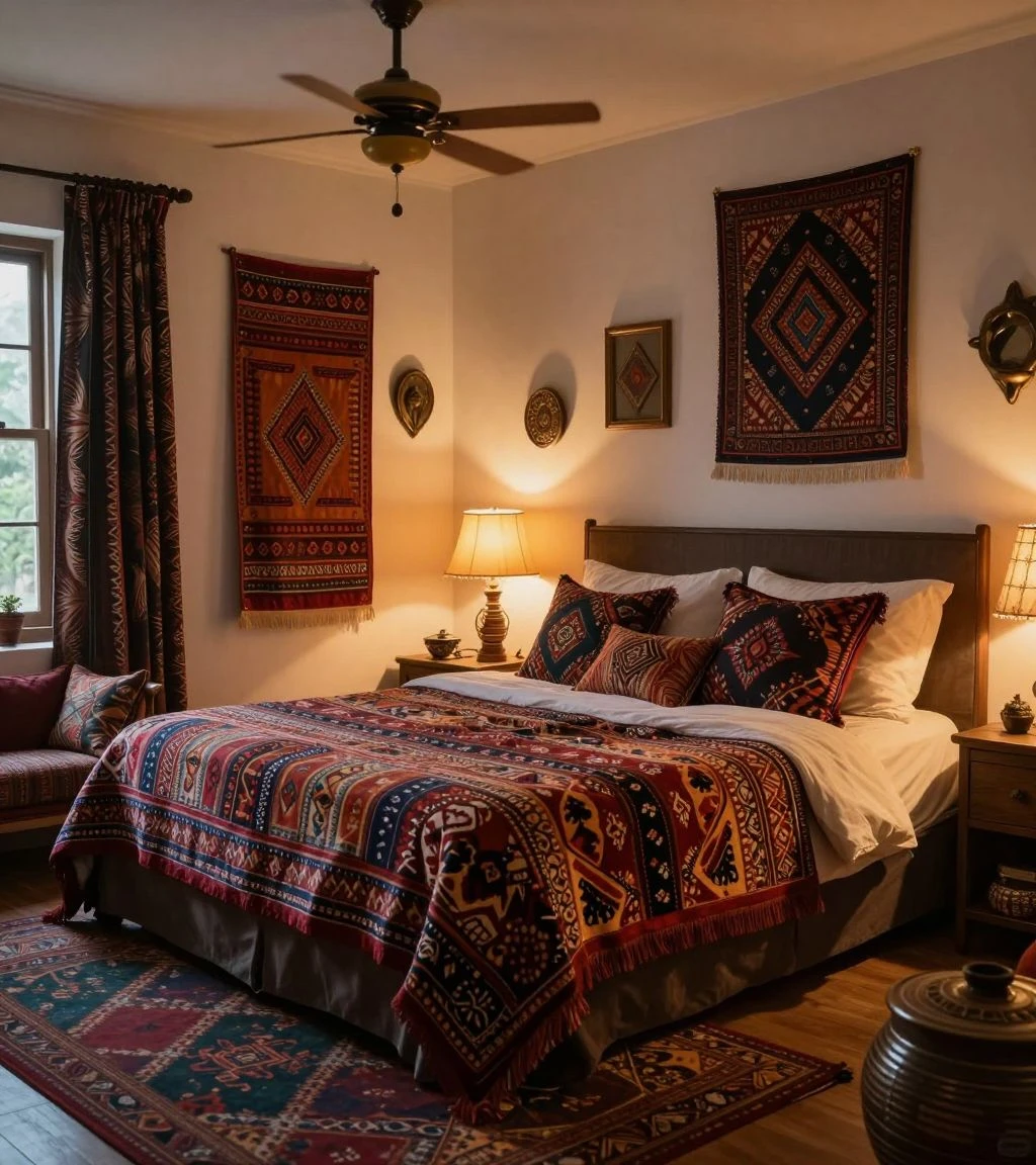 Globally inspired bedroom set with eclectic decor and rich patterns.