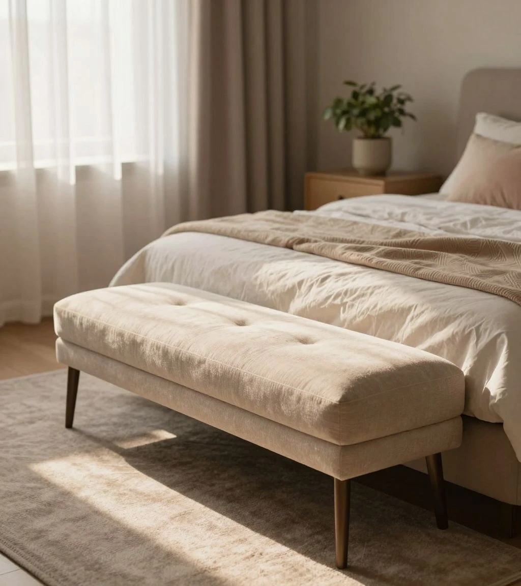 Cozy bedroom with upholstered bench and serene decor.