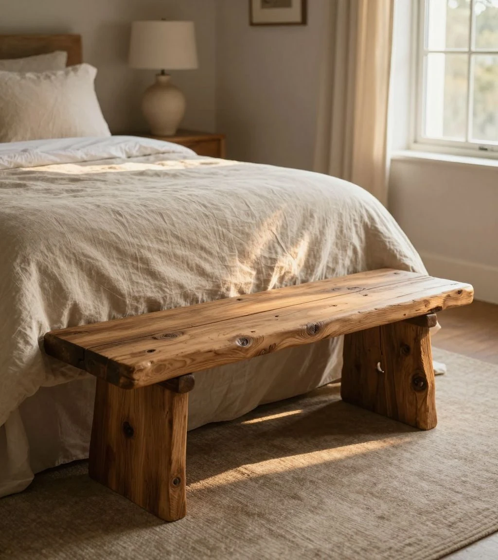 Rustic bedroom with a reclaimed oak bench and natural decor.