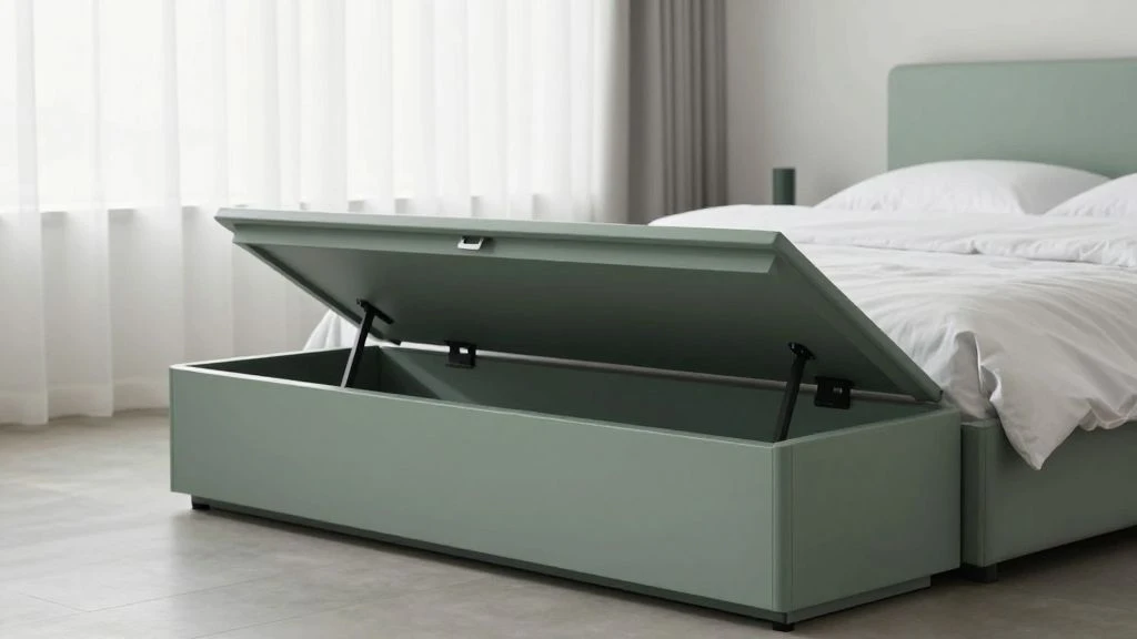 Modern bedroom with a sleek storage bench and minimalist decor.