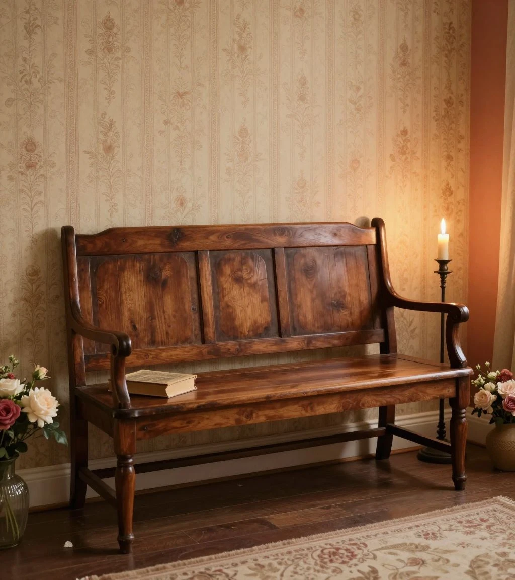 Charming bedroom with an antique wooden bench and vintage decor.