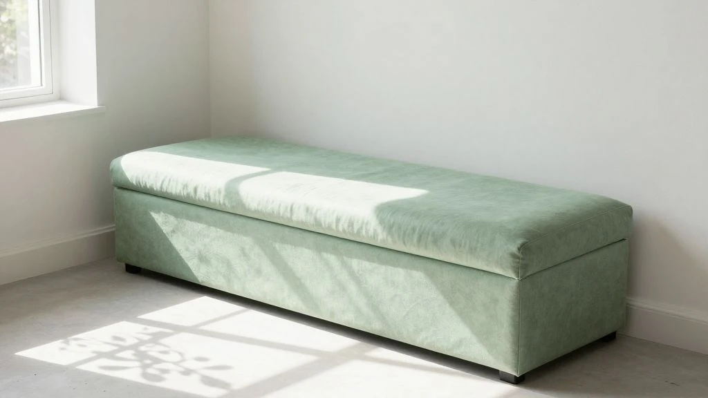 Versatile bedroom with a multi-functional bench and modern decor.