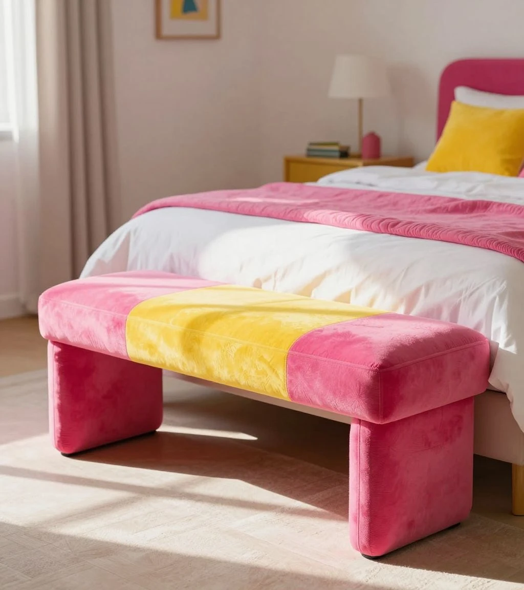 Vibrant bedroom with a colorful statement bench and playful decor.
