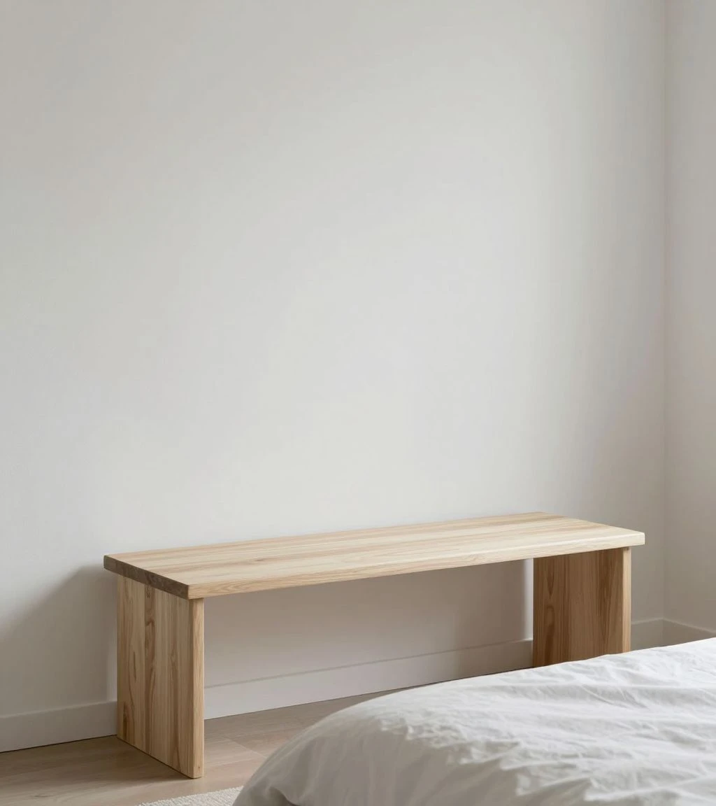 Minimalist bedroom with a clean-lined wooden bench and serene decor.