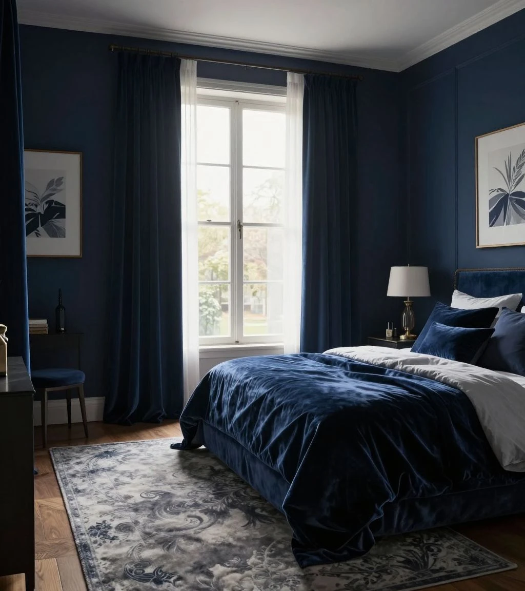 Luxurious moody bedroom with deep colors and plush textures.