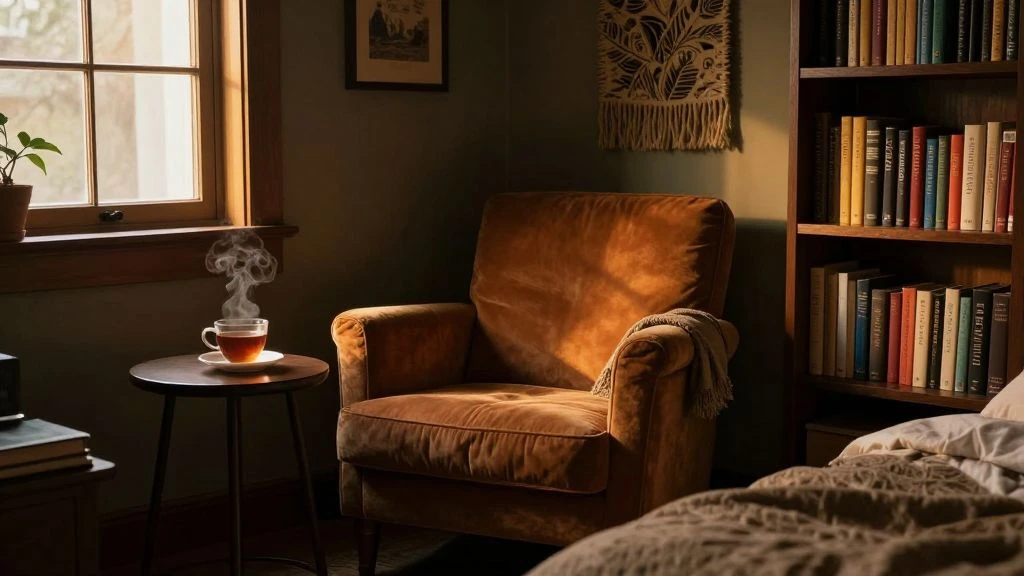 Cozy reading nook in a moody bedroom with warm lighting.