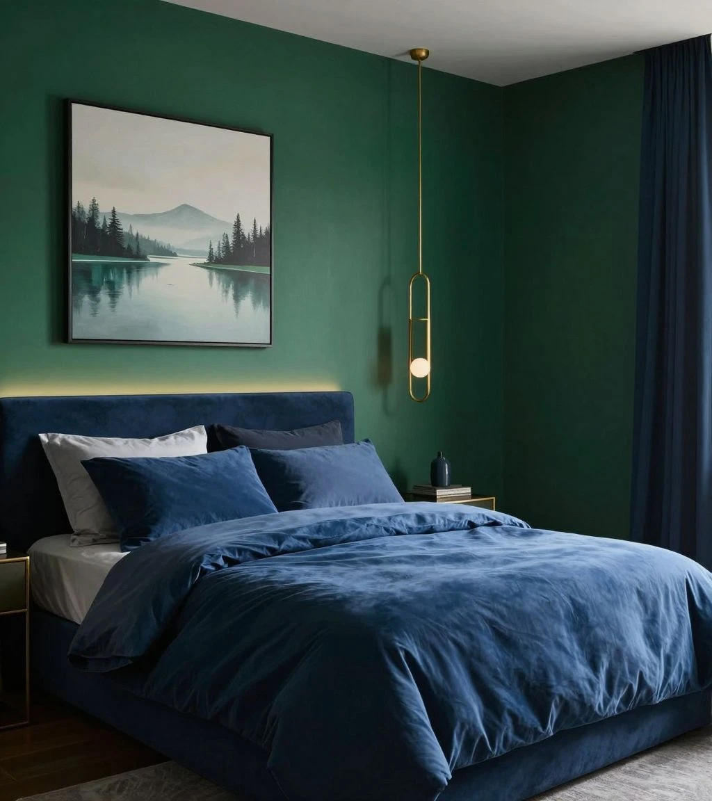 Bedroom design showcasing deep blues and rich greens for mood.
