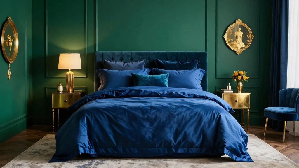 Luxurious bedroom with deep jewel tones and rich textures.