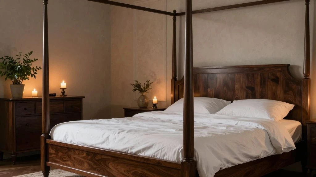 Elegant bedroom featuring dark wood furniture and cozy ambiance.