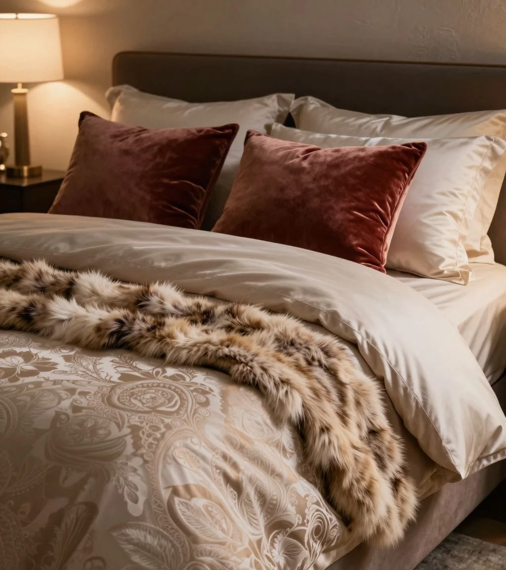 Close-up of luxurious bedroom textures and rich fabrics.