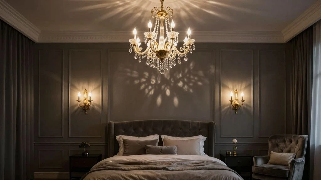 Bedroom with statement lighting creating a dramatic mood.