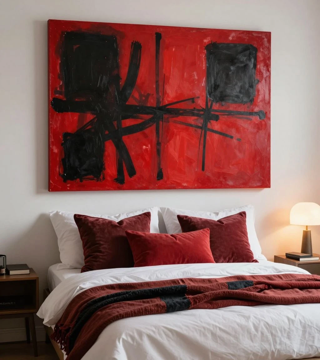 Bedroom with bold artwork and vibrant decor elements.
