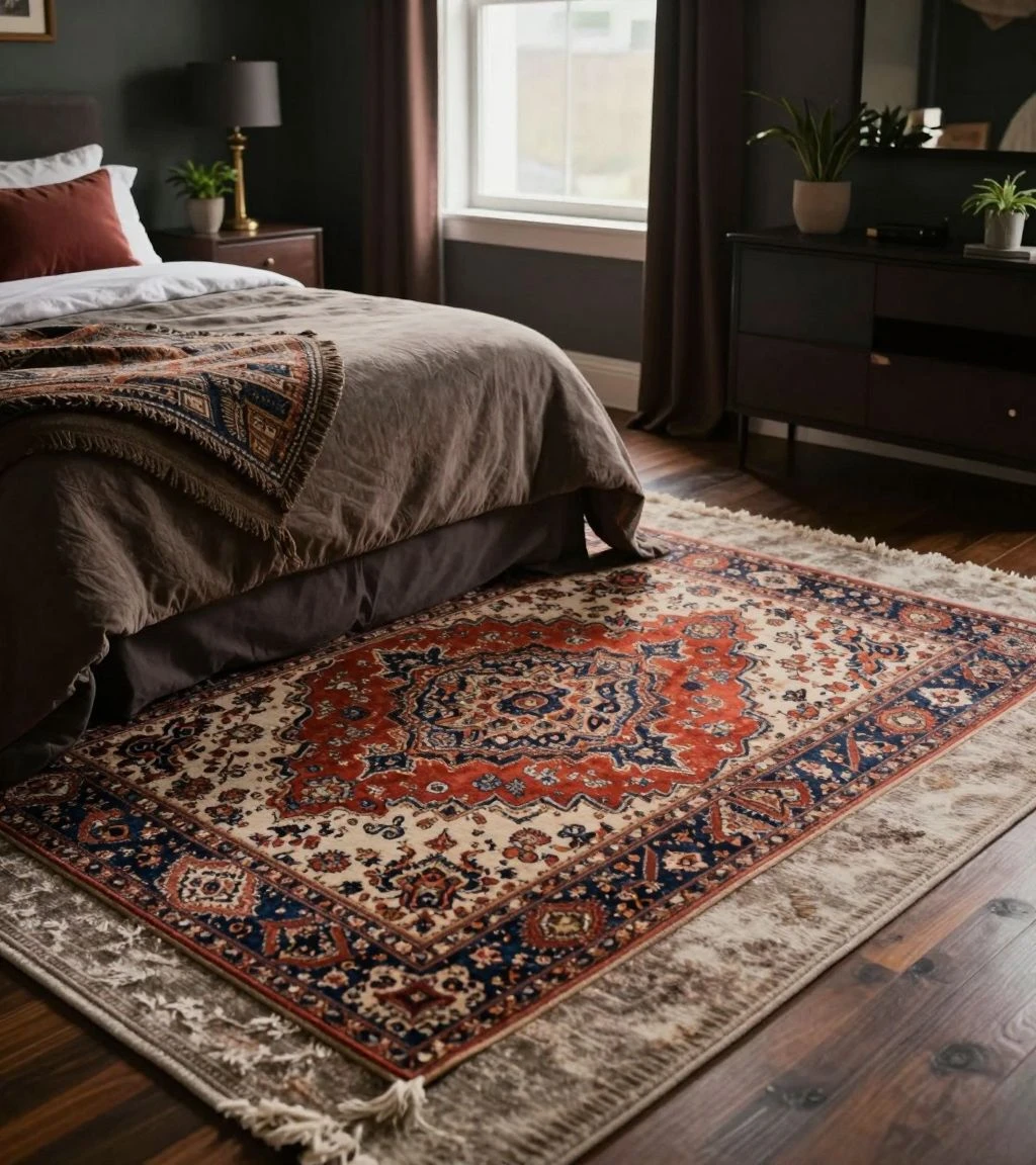 Cozy bedroom showcasing layered rugs for added warmth.