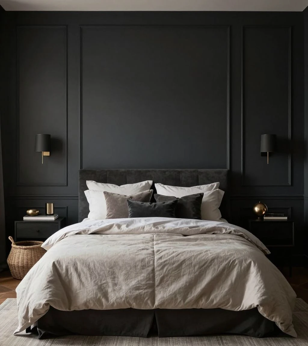 Bedroom with dramatic dark accent wall and elegant decor.