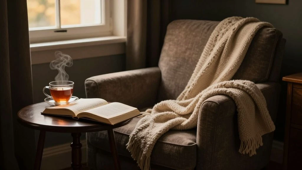 Cozy reading nook in a moody bedroom with warm ambiance.