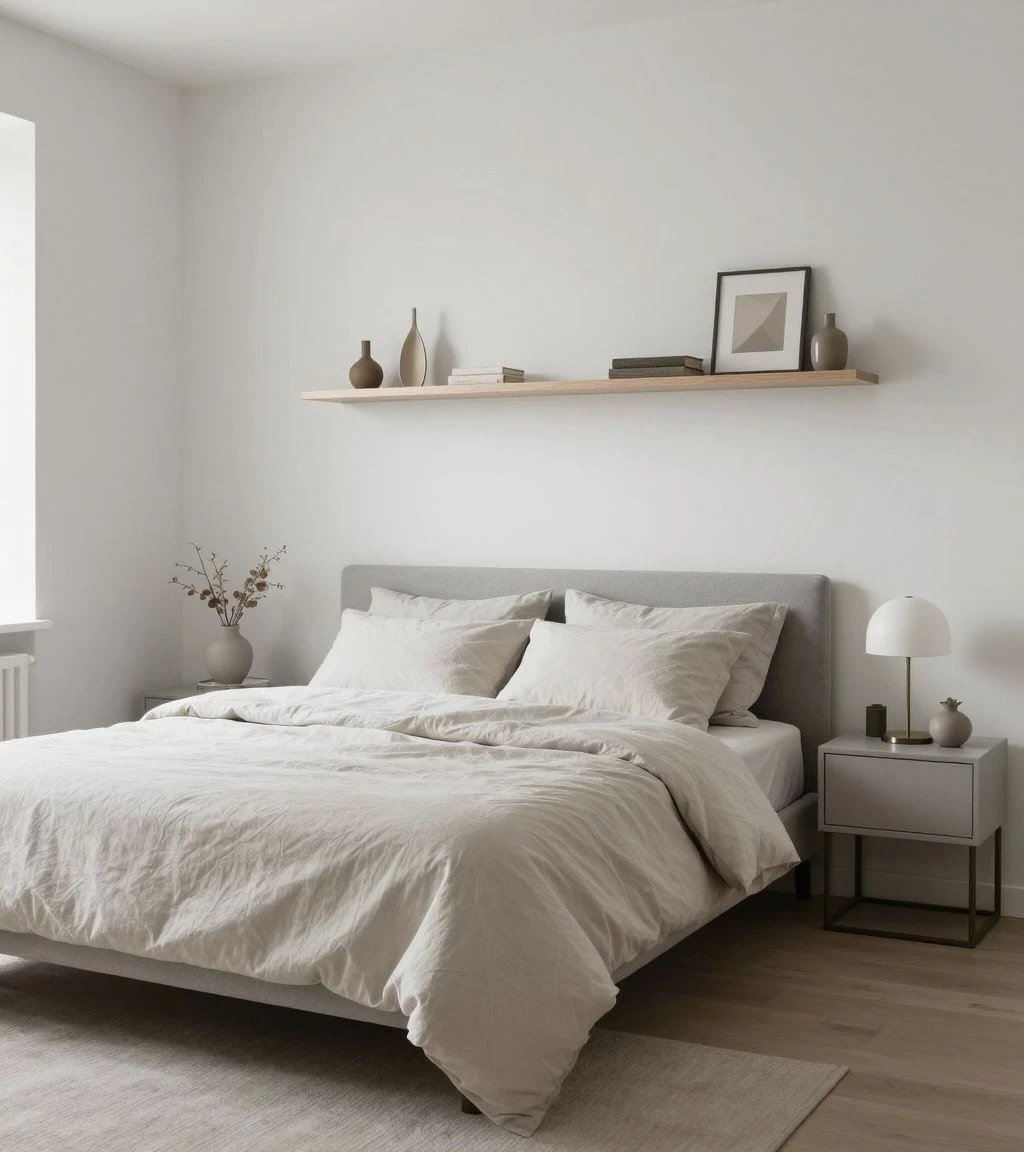 Minimalist bedroom design focusing on decluttering and serenity.