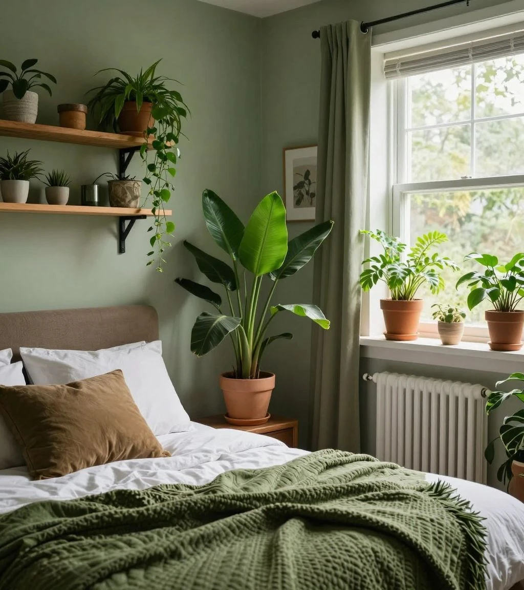 Bedroom with lush indoor plants creating a vibrant atmosphere.