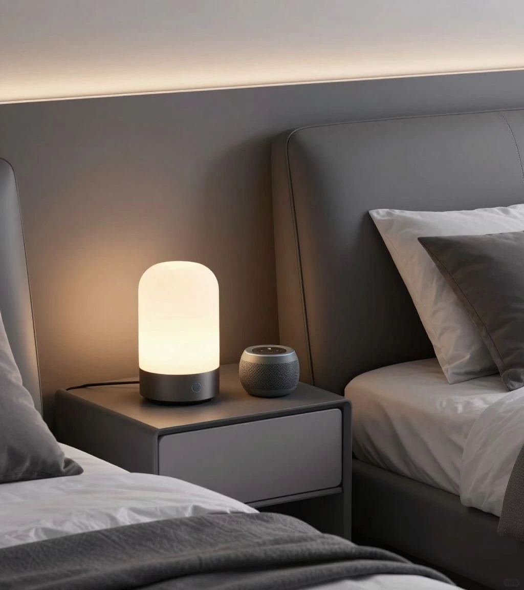 Modern bedroom with integrated smart technology and cozy lighting.