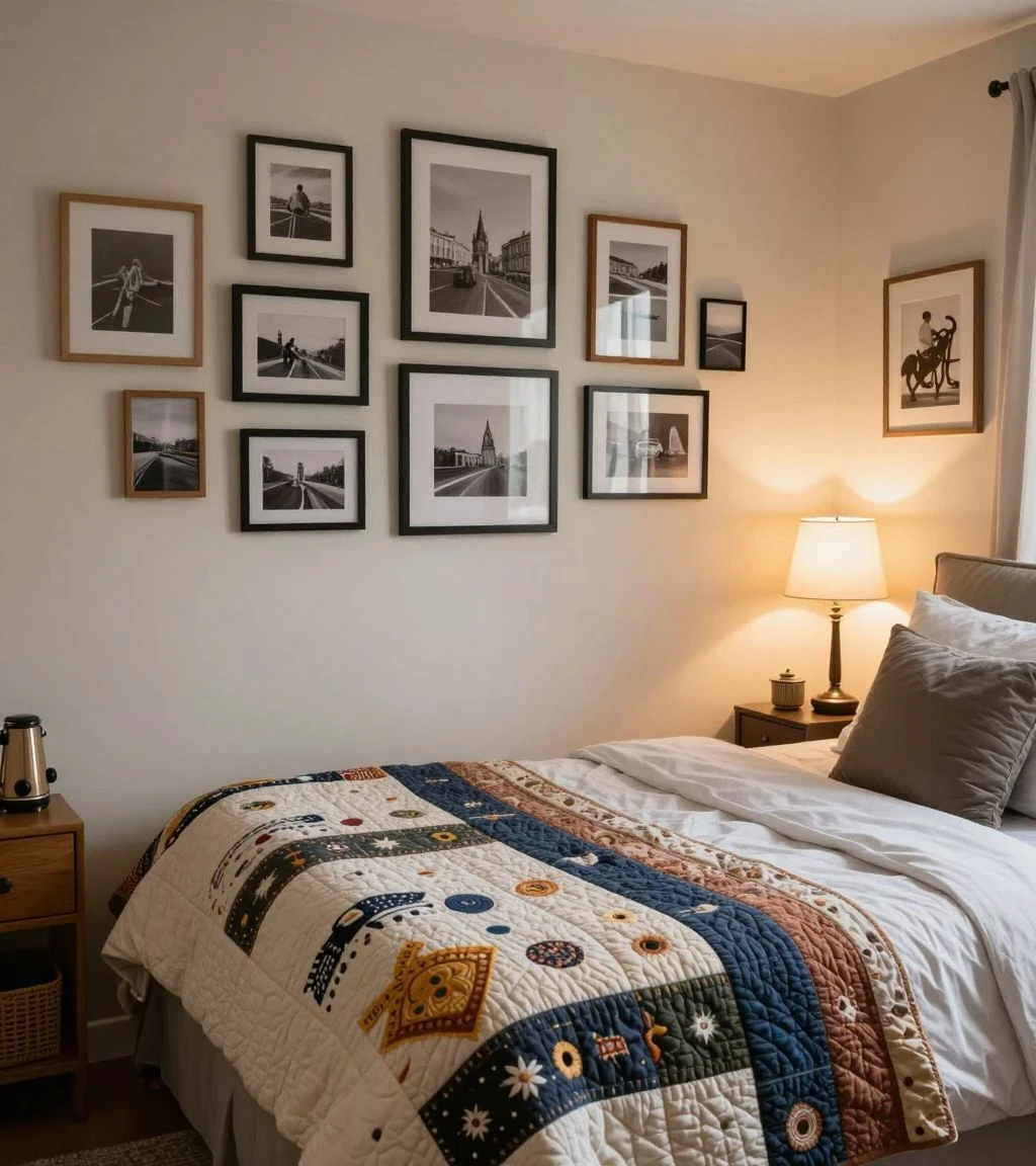 Personalized bedroom with unique touches and warm lighting.