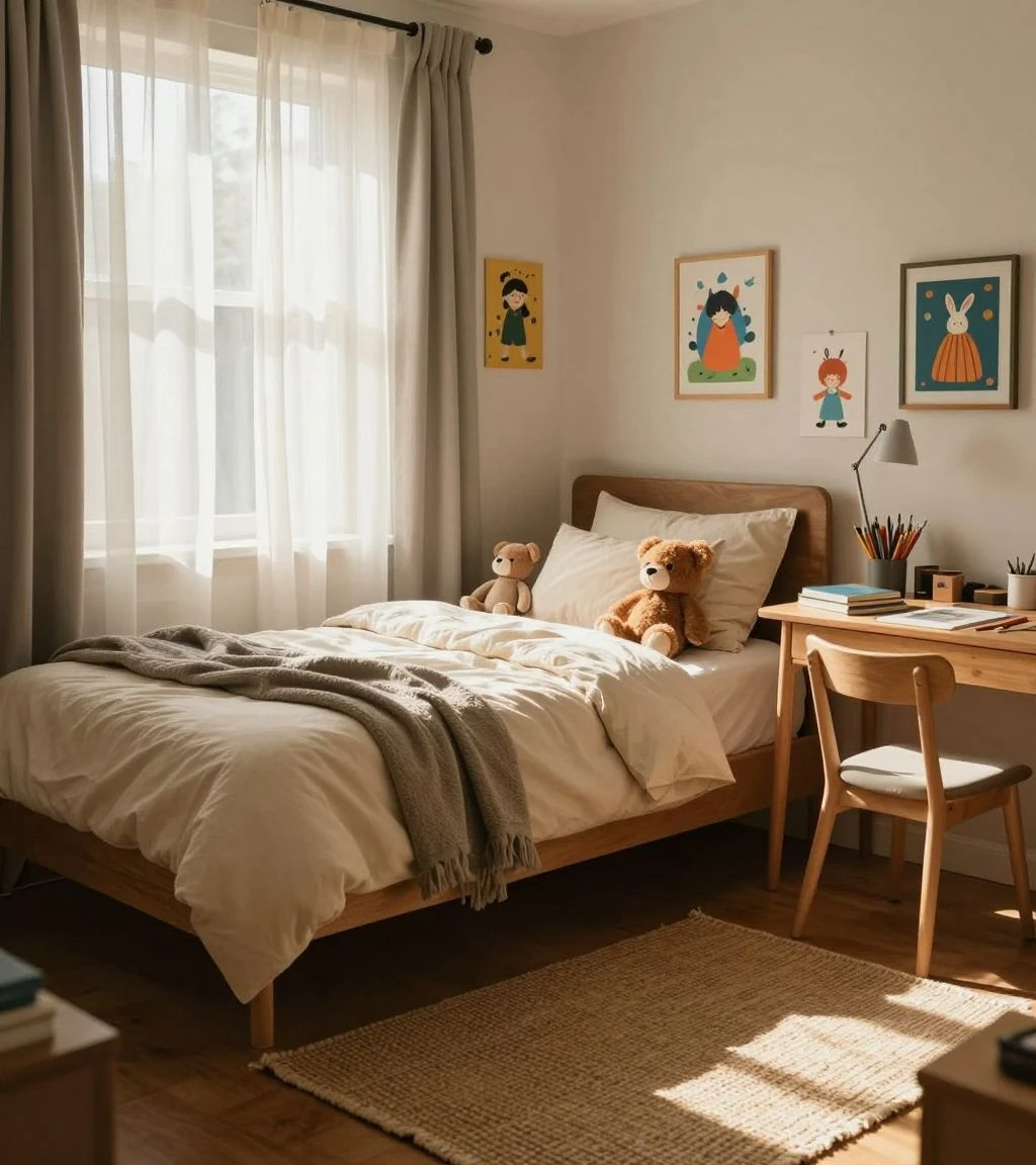 A cozy boys bedroom filled with warm decor and natural light.