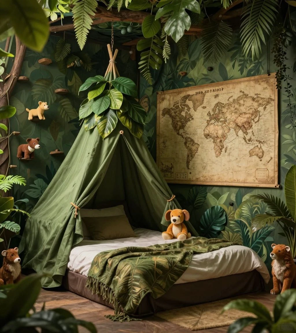 A jungle-themed boys bedroom featuring a tent bed and interactive decor.