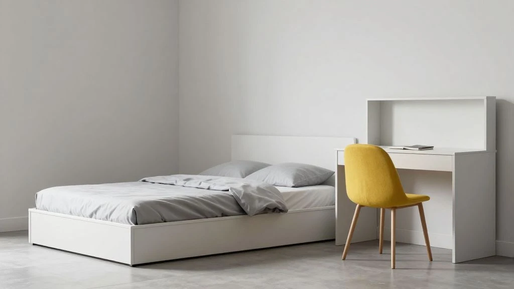 A modern minimalist boys bedroom with sleek furniture and a neutral palette.