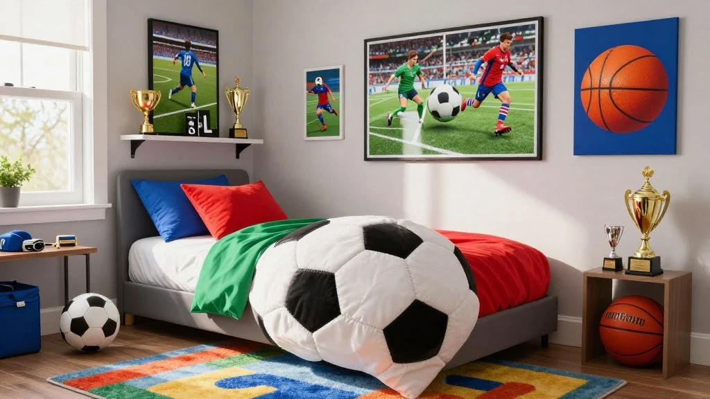 A dynamic sports-themed boys bedroom with vibrant decor and memorabilia.