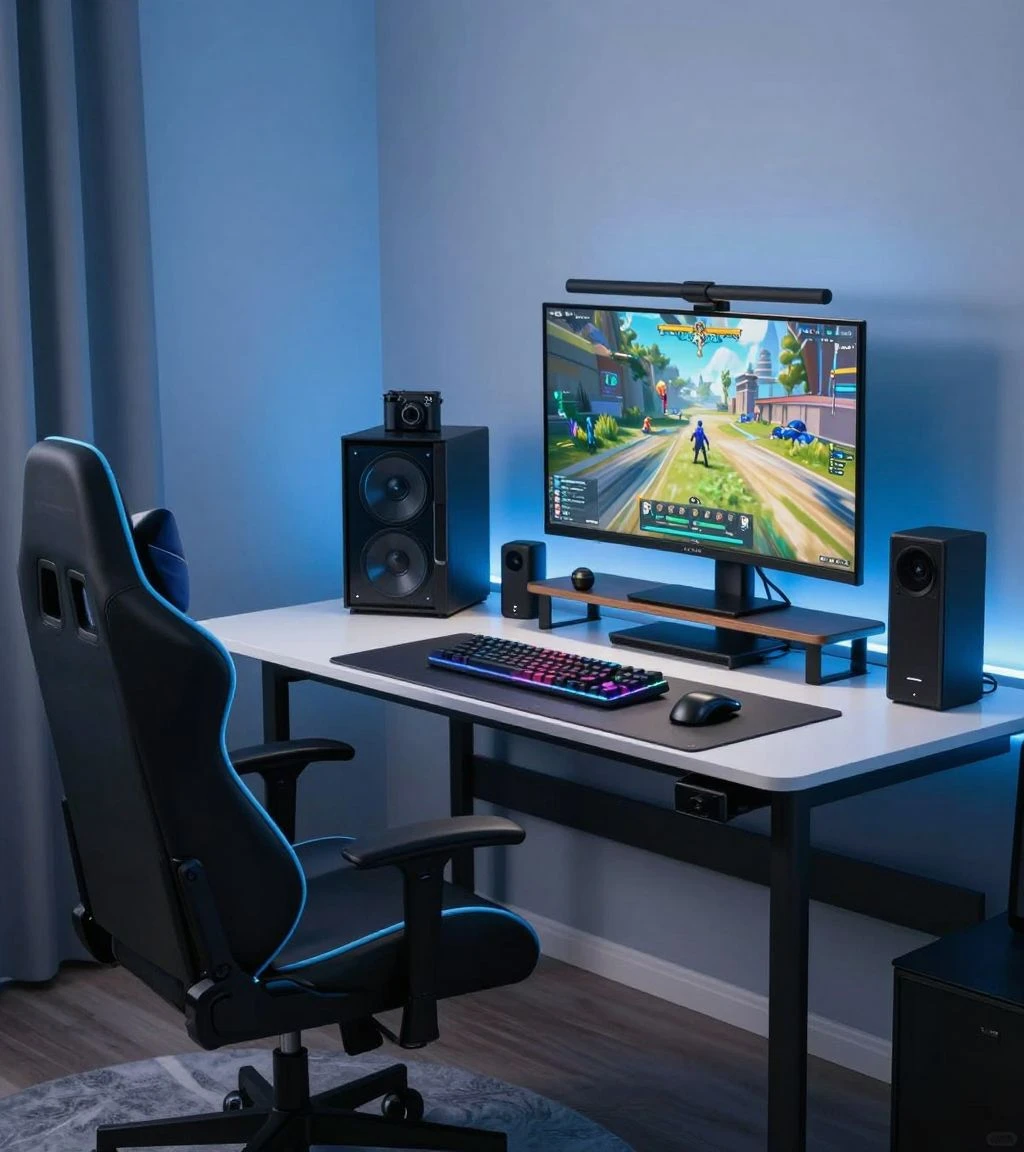 A futuristic tech-savvy boys bedroom filled with gadgets and modern decor.