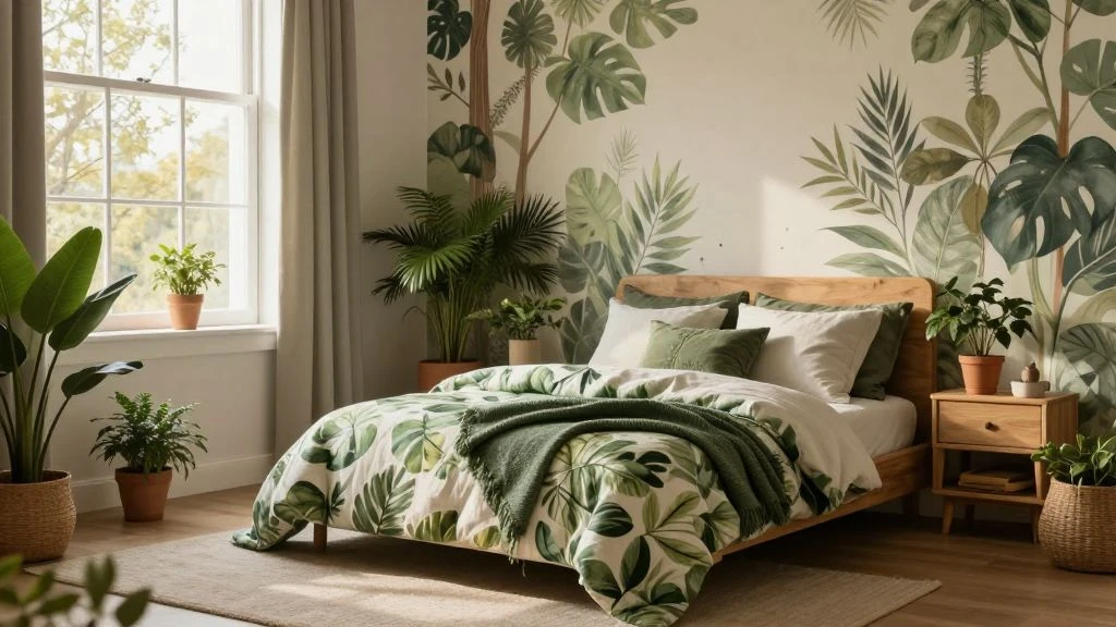 A tranquil nature-inspired boys bedroom with earthy tones and plants.
