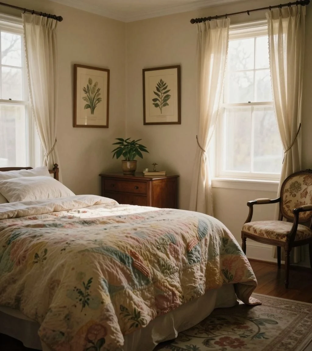 Cozy vintage bedroom featuring warm decor and natural light