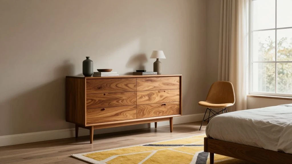 Mid-century modern bedroom with vintage teak furniture and geometric patterns