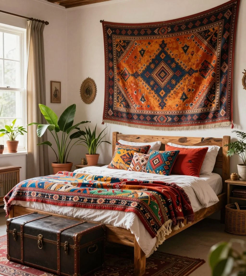 Eclectic bohemian bedroom with layered textiles and plants