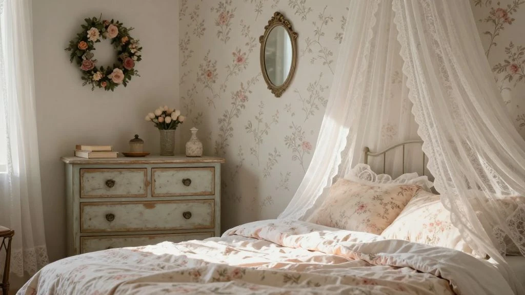 Romantic shabby chic bedroom with pastel colors and floral decor