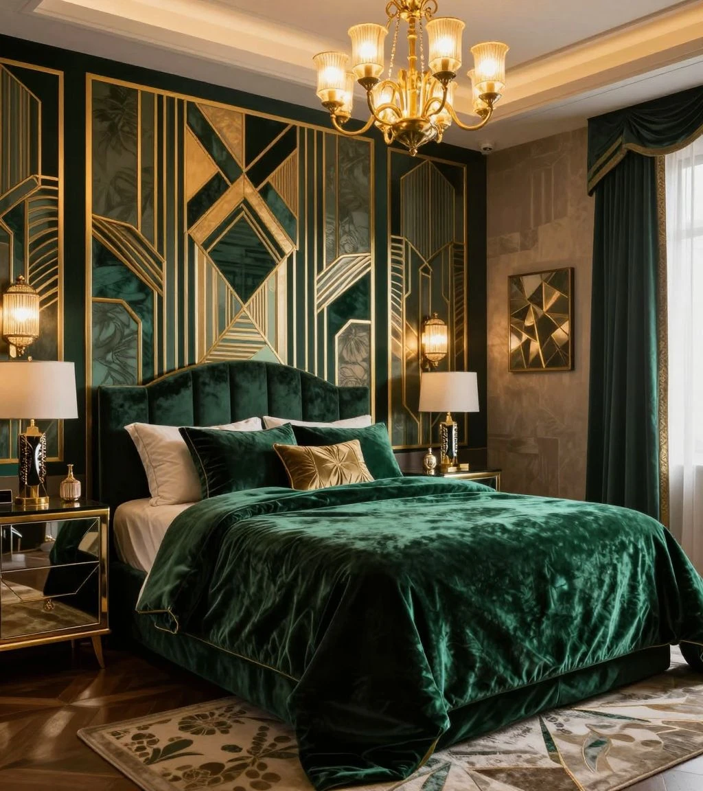 Luxurious art deco bedroom with bold geometric patterns and rich colors