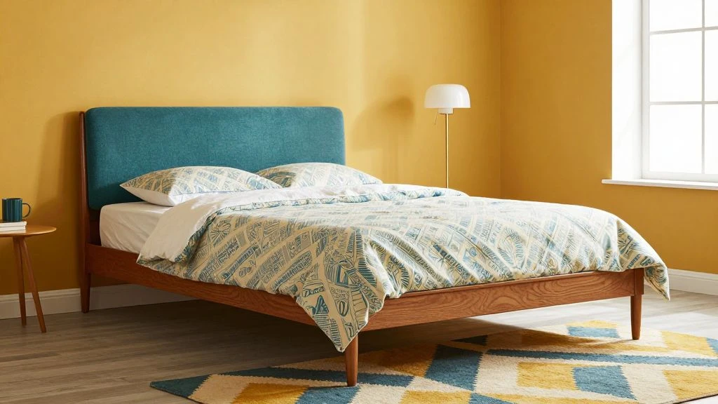 Inviting bedroom with a retro color palette of mustard yellow and teal
