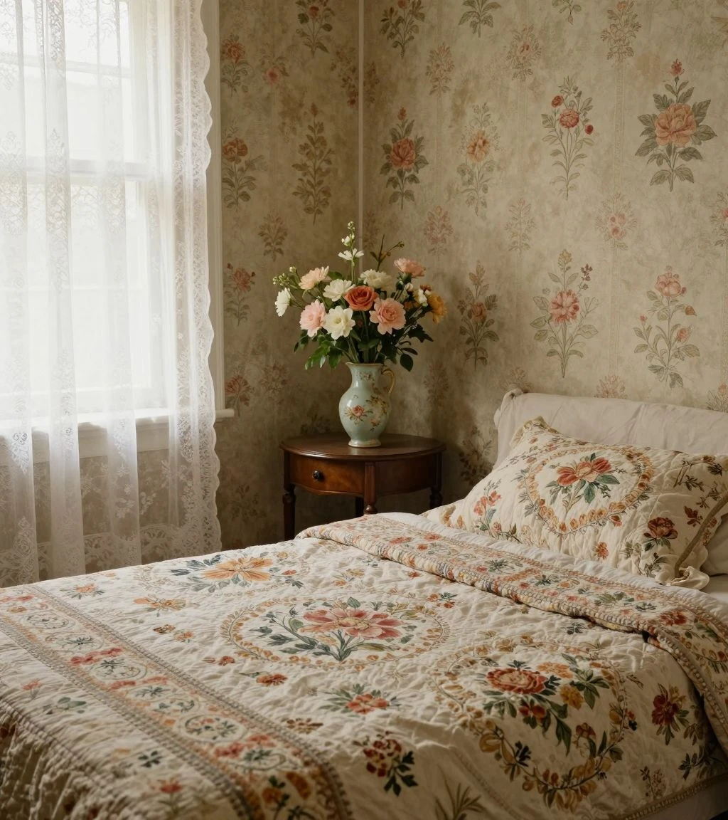 Cozy bedroom with vintage floral wallpaper and textiles
