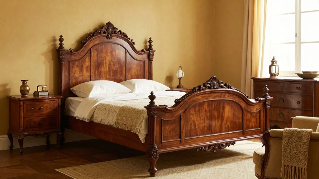 Stylish bedroom featuring antique furniture with warm lighting