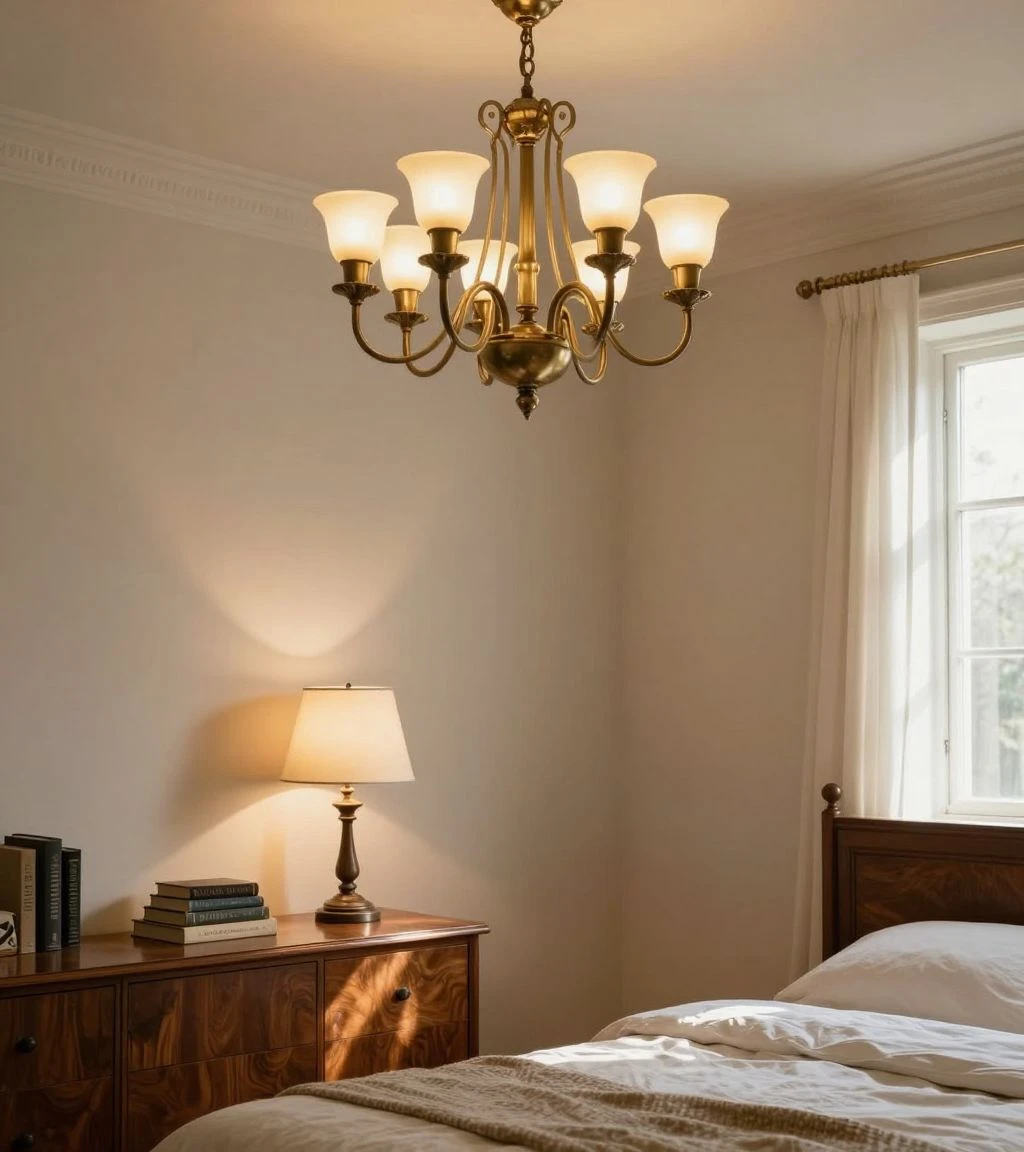 Elegant bedroom with vintage lighting fixtures and warm ambiance
