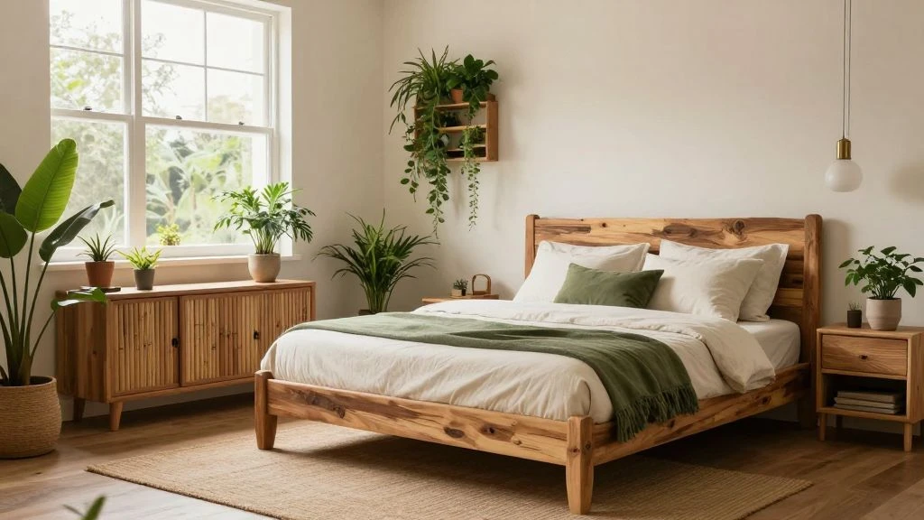 Eco-friendly teen bedroom with sustainable materials and plants
