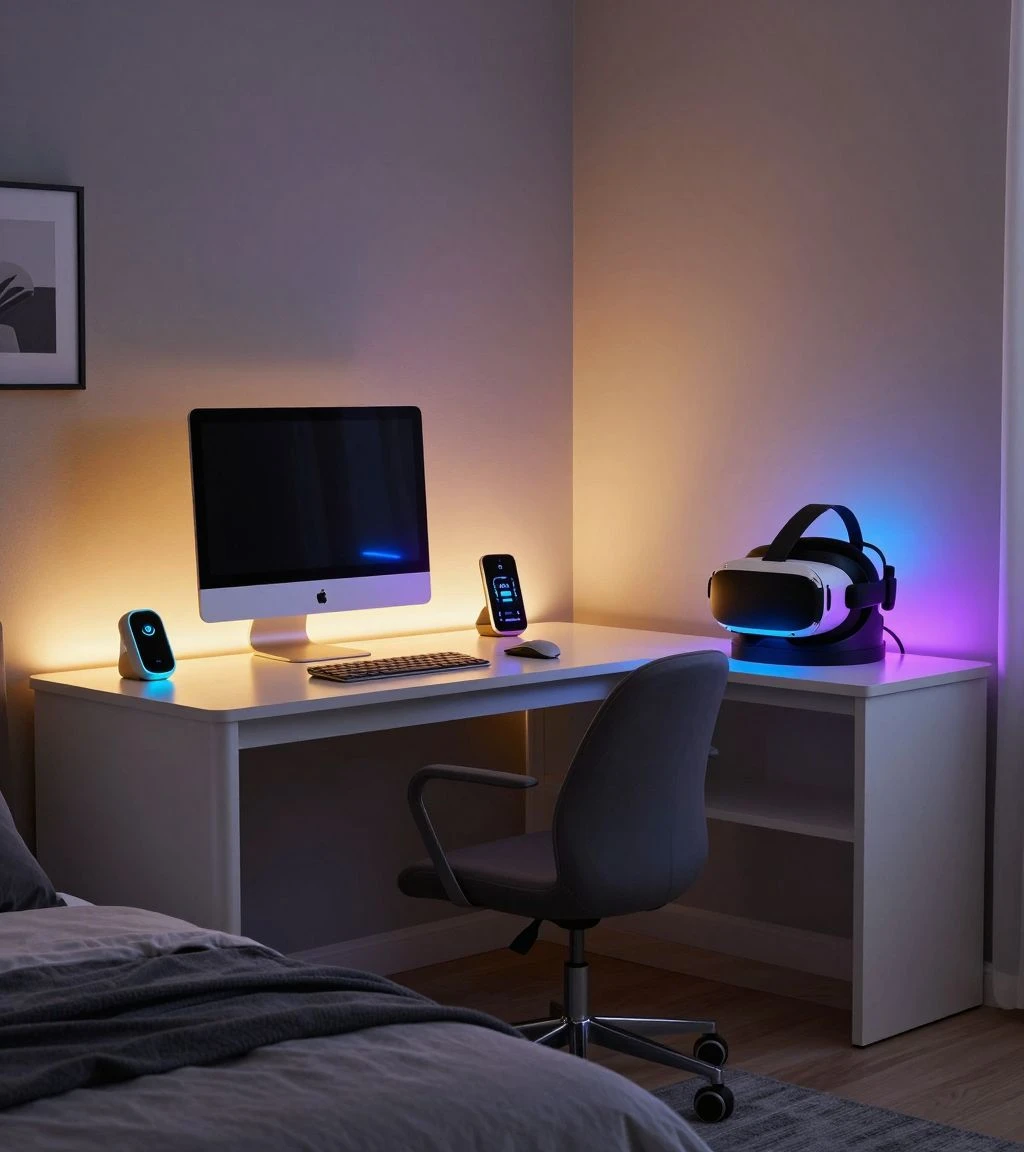 Modern teen bedroom with smart lighting and tech features