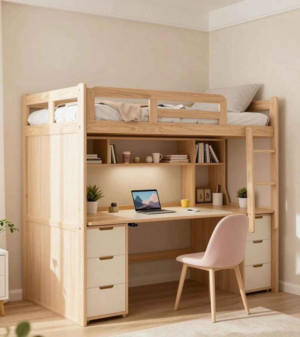 Compact teen bedroom with multifunctional furniture