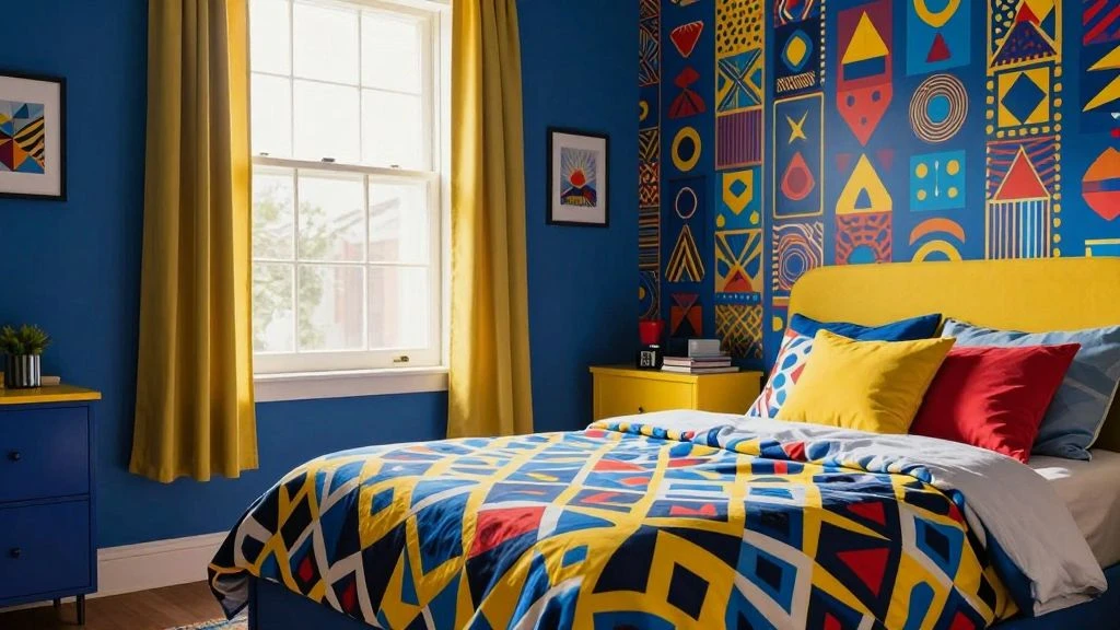 Vibrant teen bedroom with bold colors and patterns