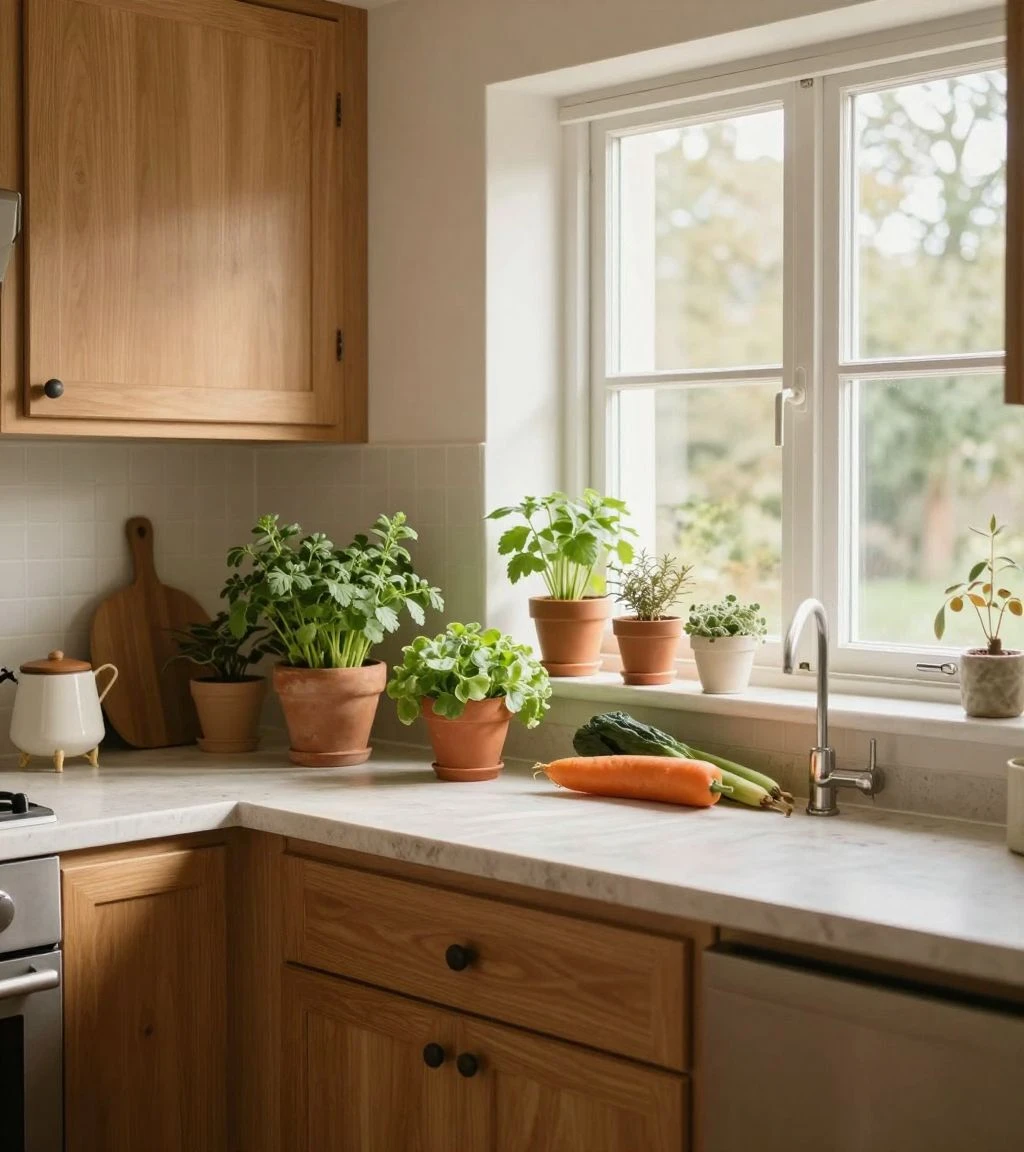 Cozy kitchen with natural light and warm materials