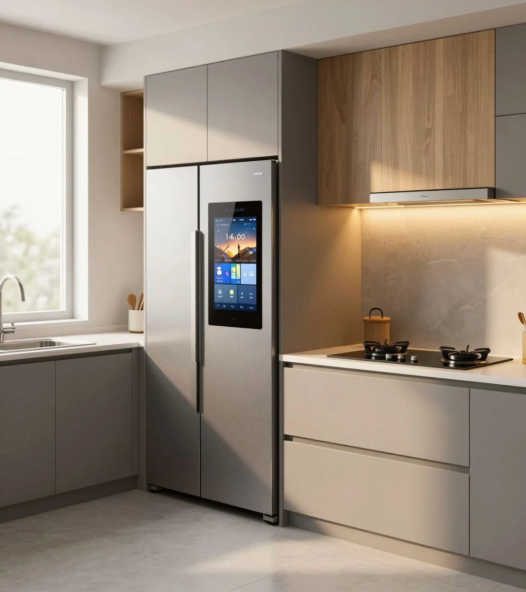 Modern kitchen with smart appliances and warm lighting