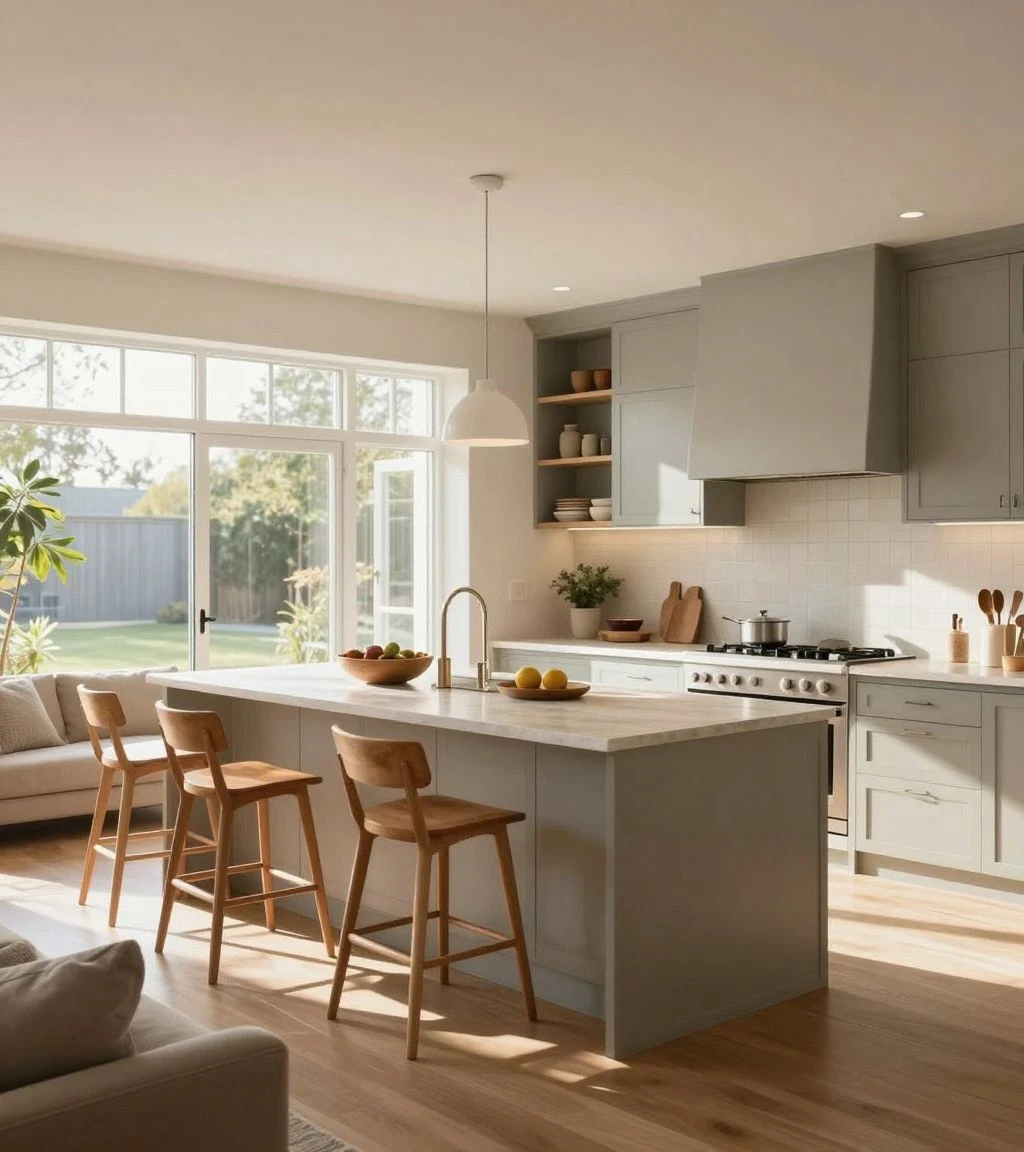 Open concept kitchen with large island and natural light