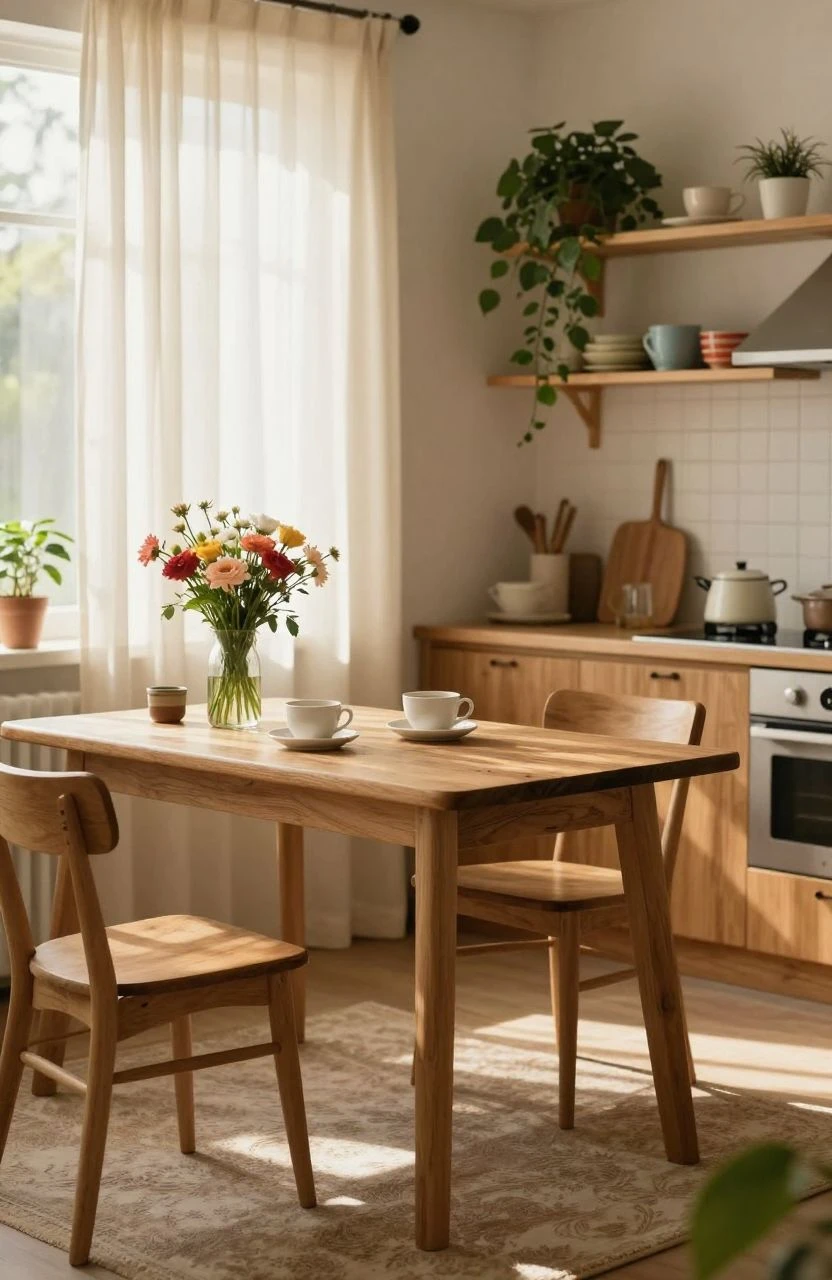 Cozy kitchen with wooden table and warm light creating an inviting atmosphere