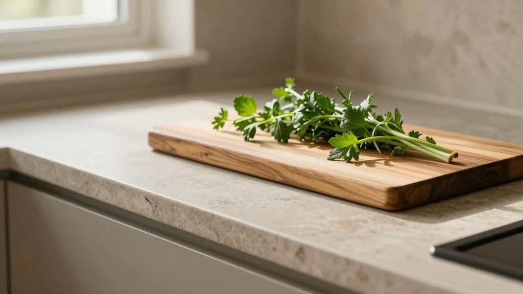 Close-up of a natural stone countertop with wooden elements in a cozy kitchen