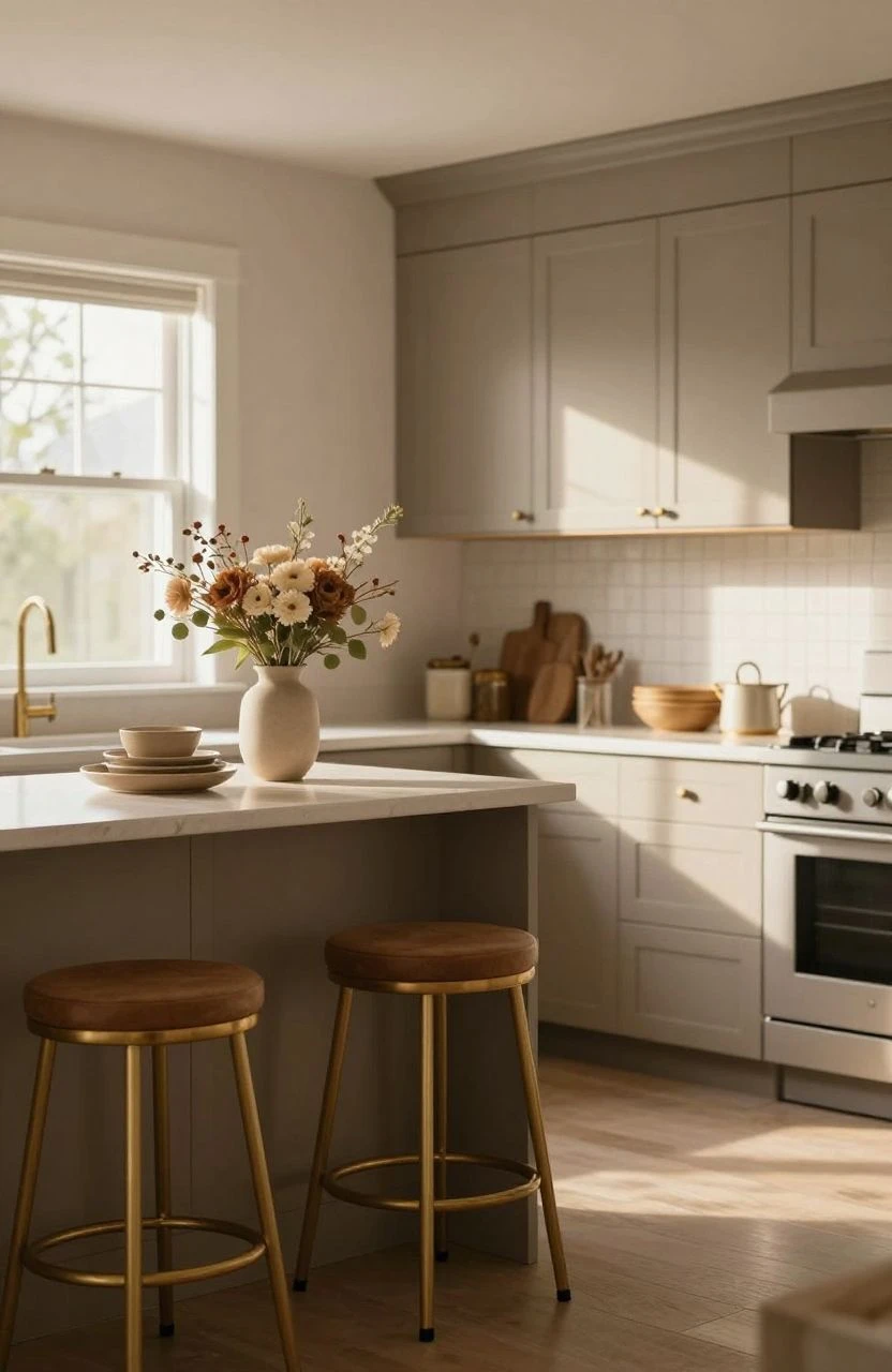 Warm color palette in a cozy kitchen with taupe cabinets and golden accents