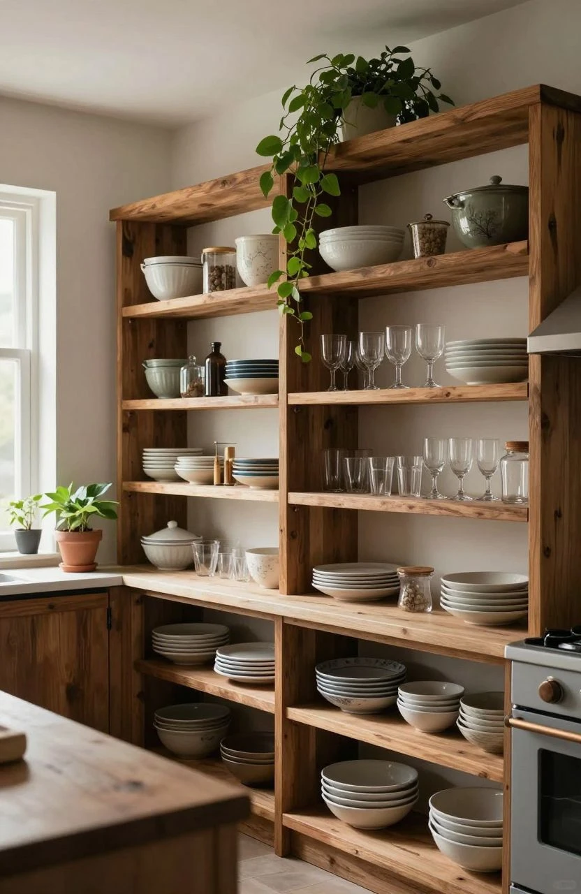 Open shelving in a cozy kitchen filled with dishes and plants